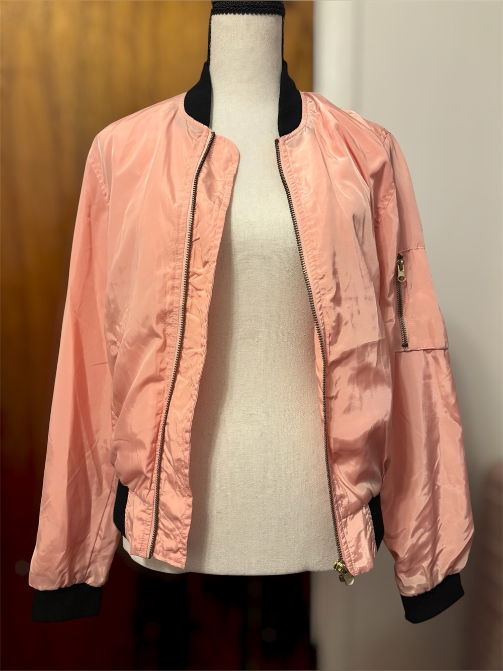 Love Tree Blush Pink Bomber Jacket with Black Accents